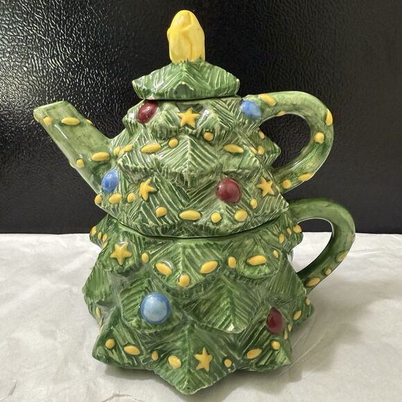 Peggy Jo Ackley Vintage Ceramic Christmas Tree Teapot 3pc. Decor Small - Picture 2 of 5